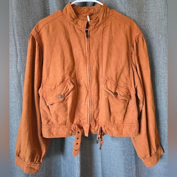Free People Poet Puff Sleeve Bomber Jacket Size Small Oversized Linen Orange - Picture 1 of 4